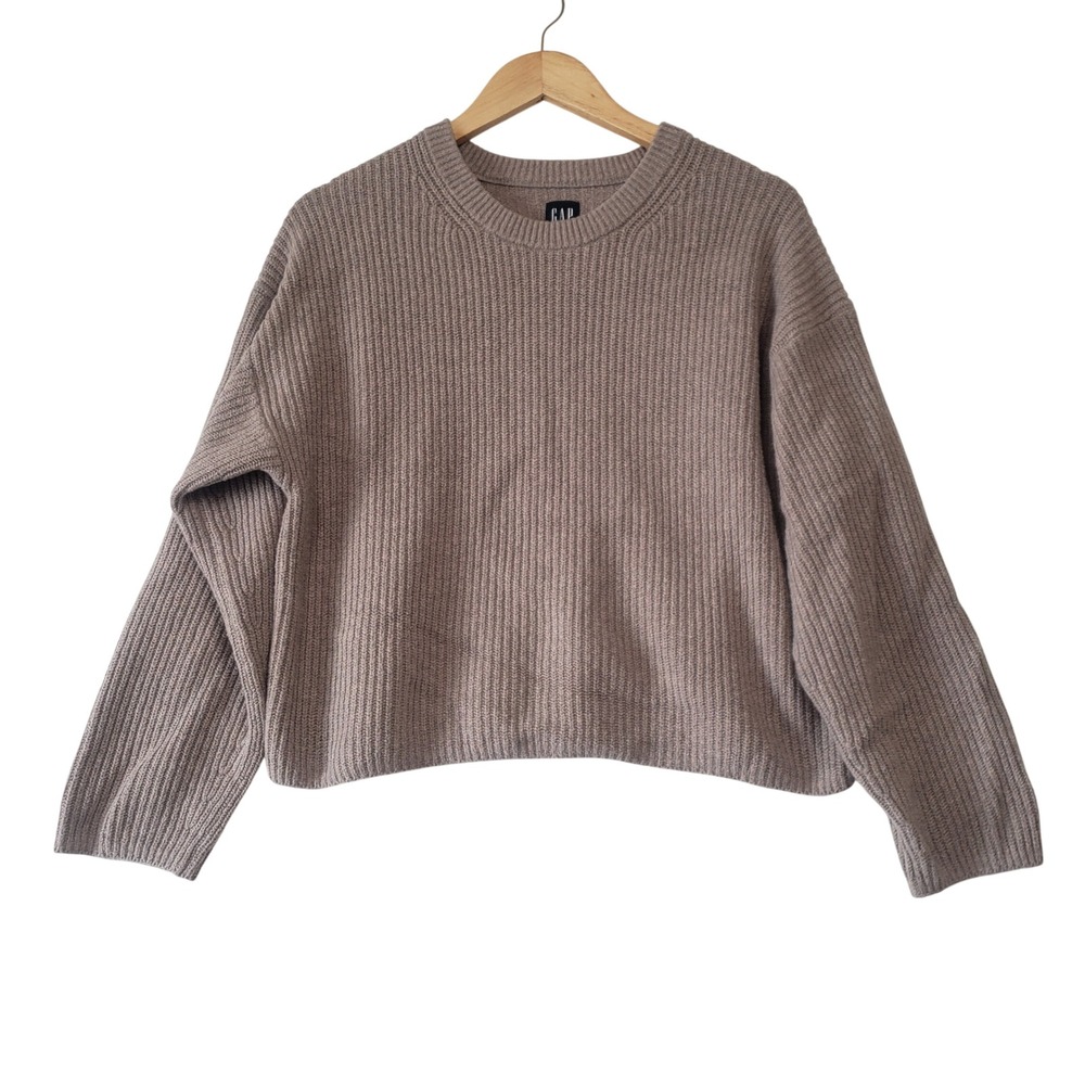 Gap Sweater Womens XS Taupe Tan Ribbed Shaker Stitch Crewneck Relaxed Knit Cozy